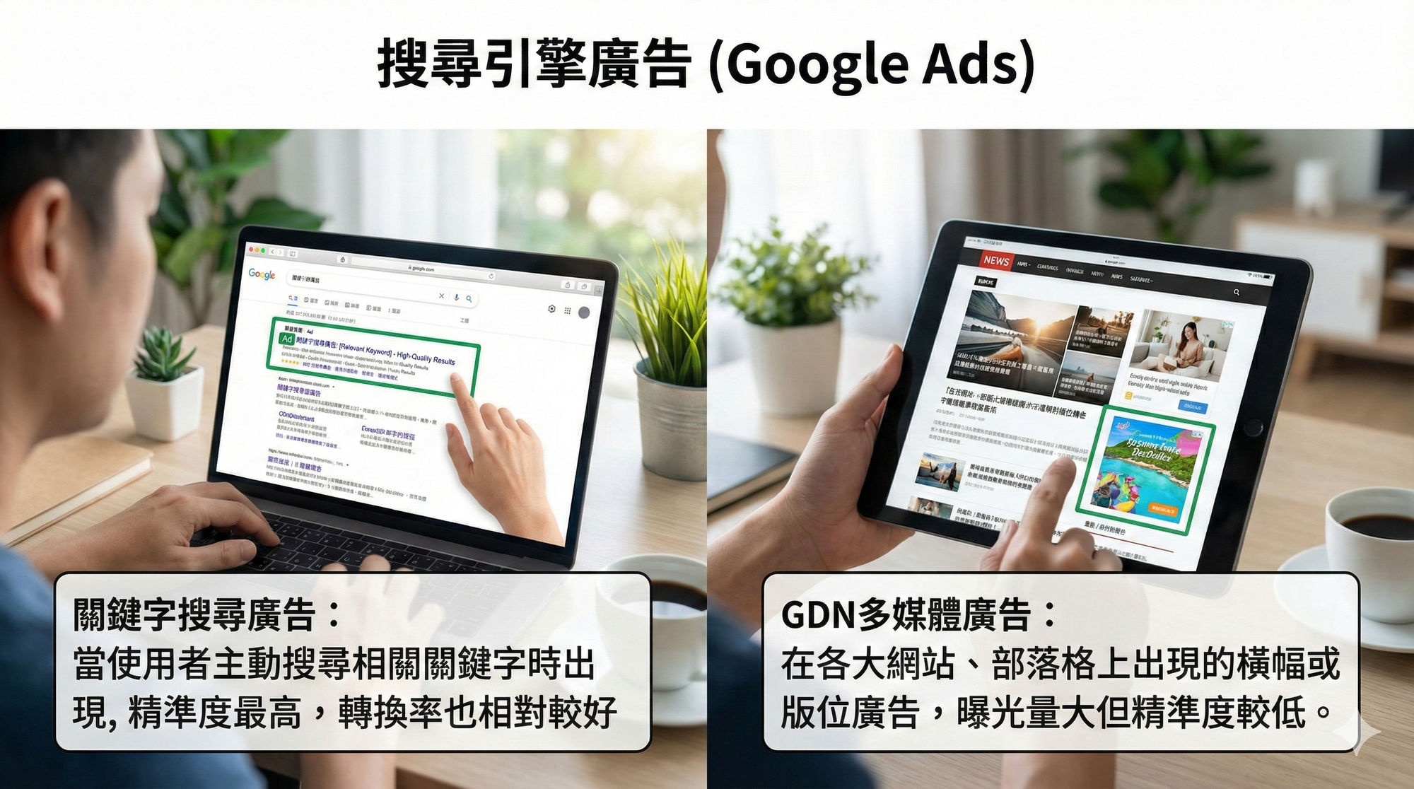 搜尋引擎廣告(Google Ads)分成兩大類:關鍵字搜尋廣告、GDN 多媒體廣告