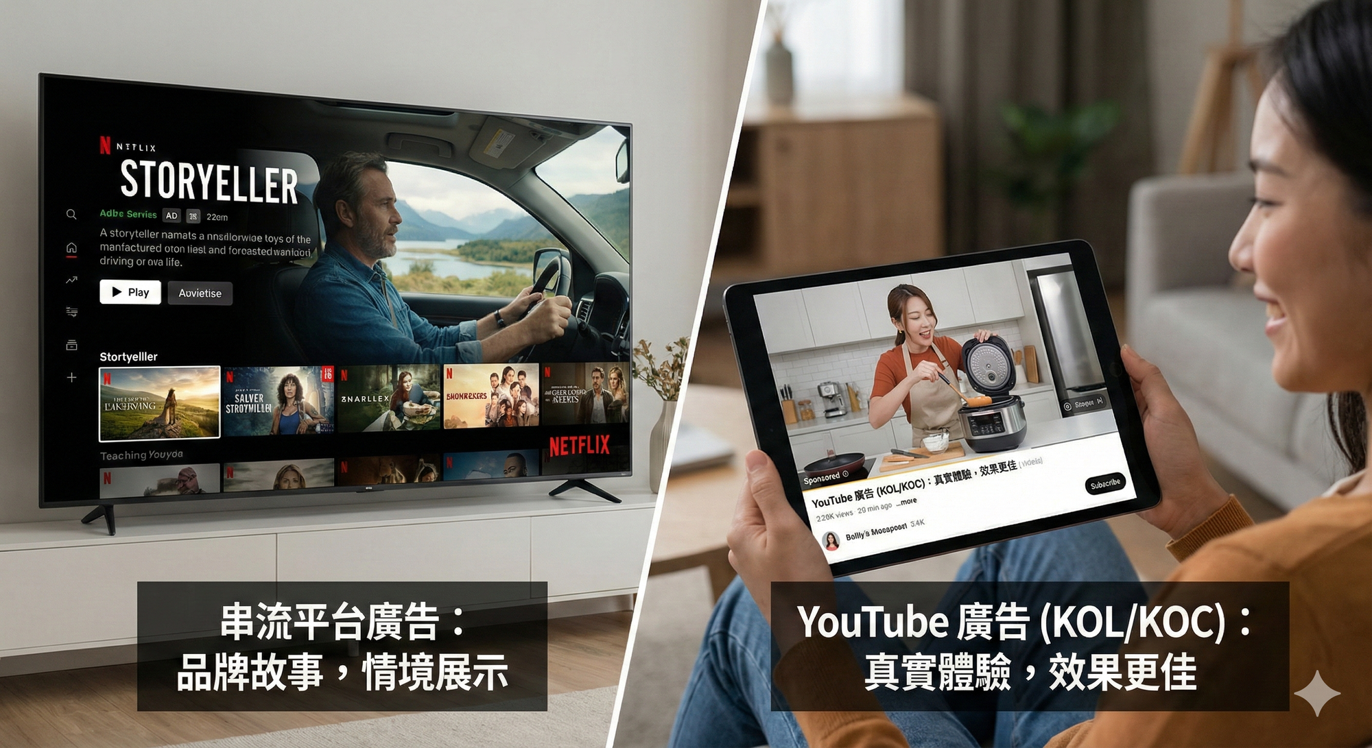影音廣告 YouTube 廣告、串流平台廣告等。影音內容的吸引力強,特別適合需要展示產品使用情境或說故事的品牌。