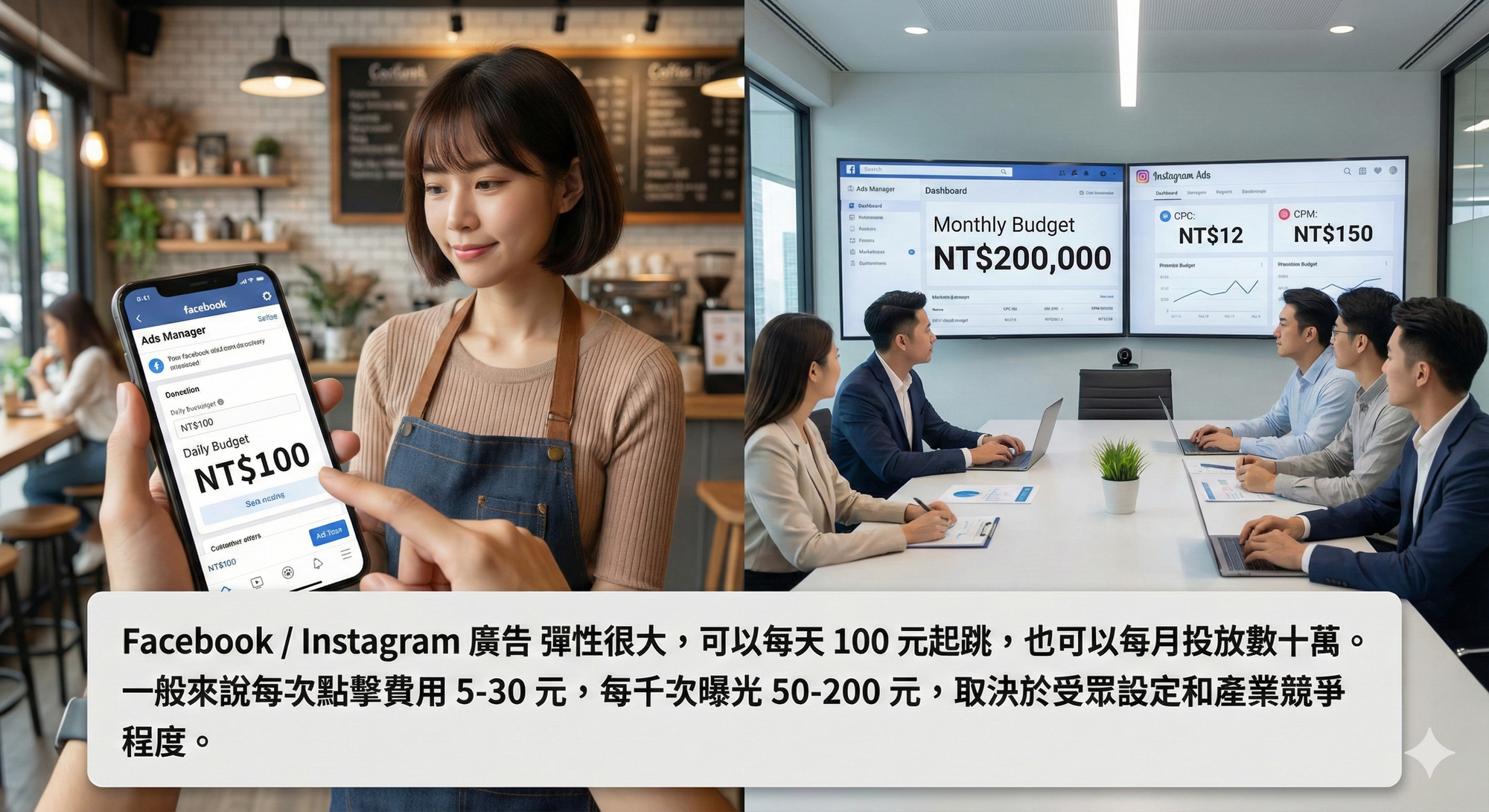 Facebook / Instagram 廣告一般來說每次點擊費用 5-30 元,每千次曝光 50-200 元,取決於目標受眾和產業競爭程度。