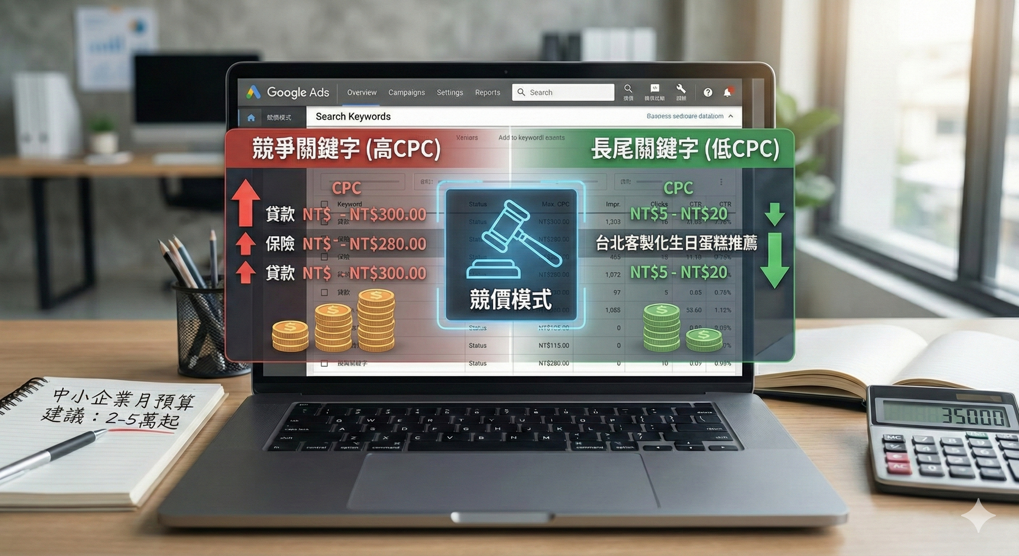 Google 關鍵字搜尋廣告 採用競價模式,每次點擊費用(CPC)從幾元到數百元不等。
