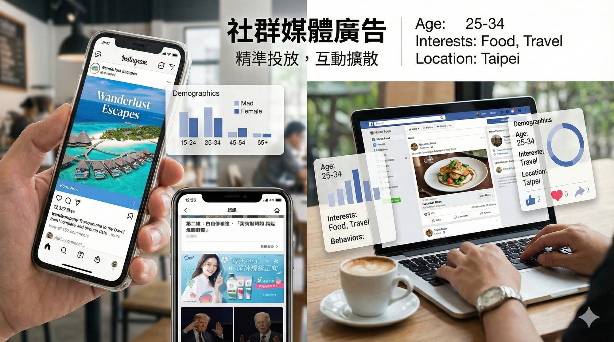 社群媒體廣告 Facebook、Instagram、LINE 等平台廣告,能精準投放,且互動性強、易分享擴散。