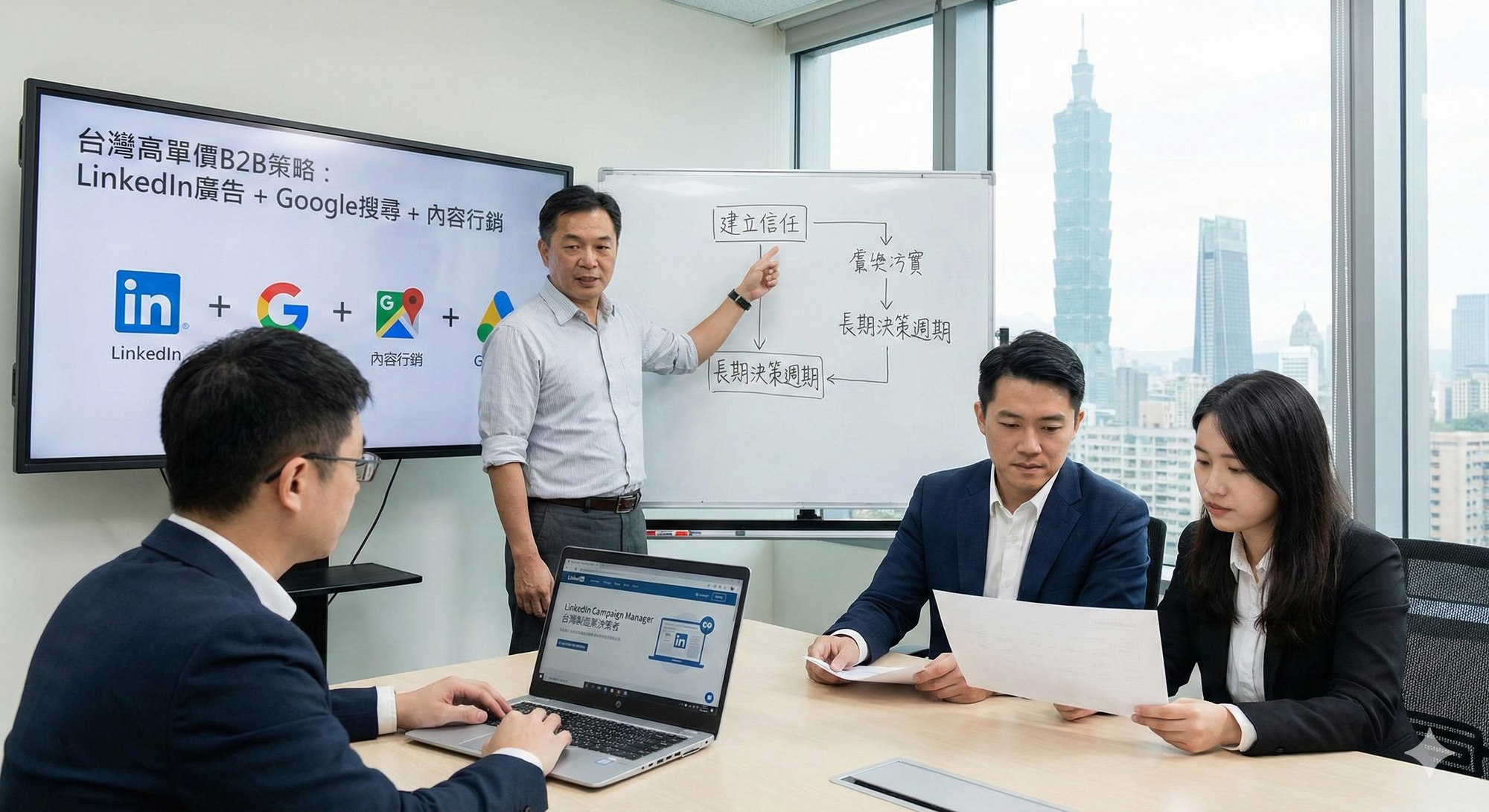 B2B 客戶的決策週期長，需要建立專業形象和信任感。