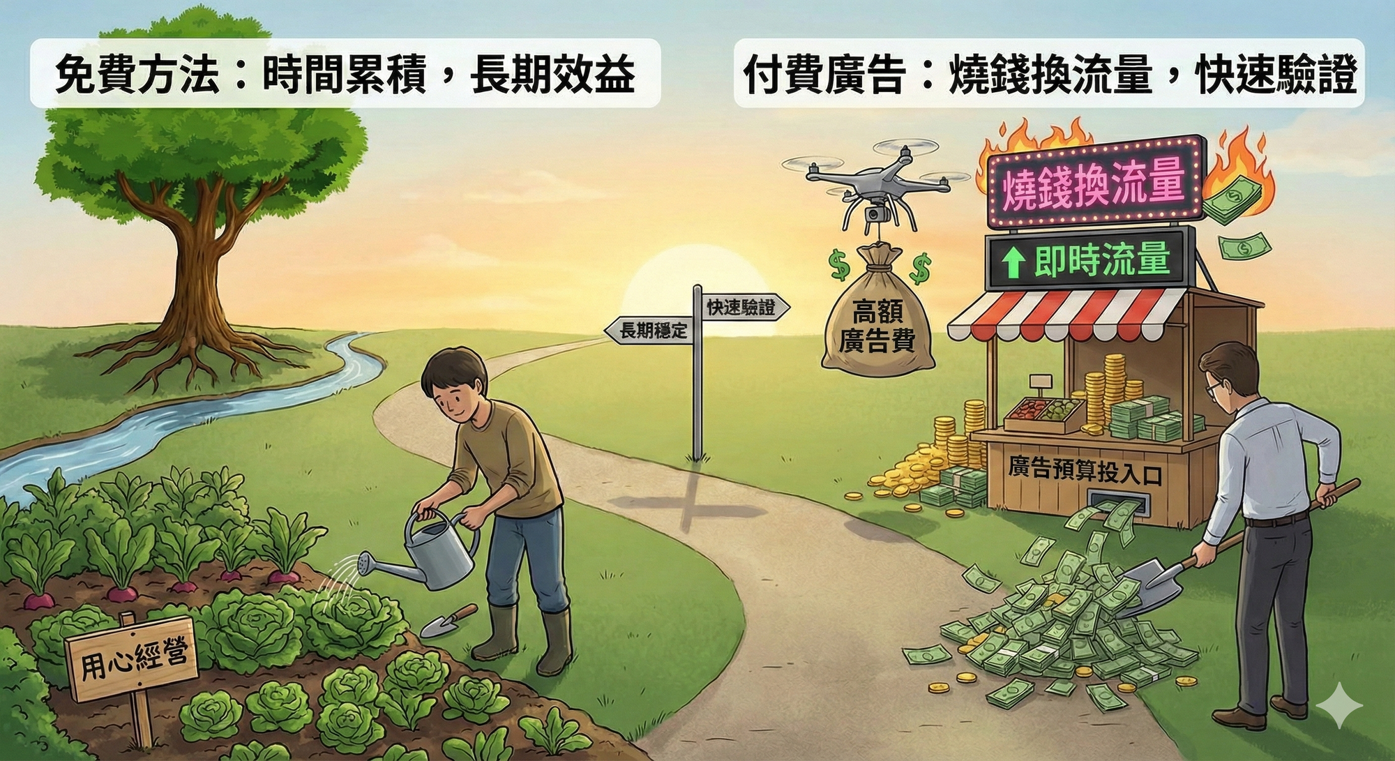 用付費廣告快速取得客戶和數據，同時經營免費管道建立長期競爭力。