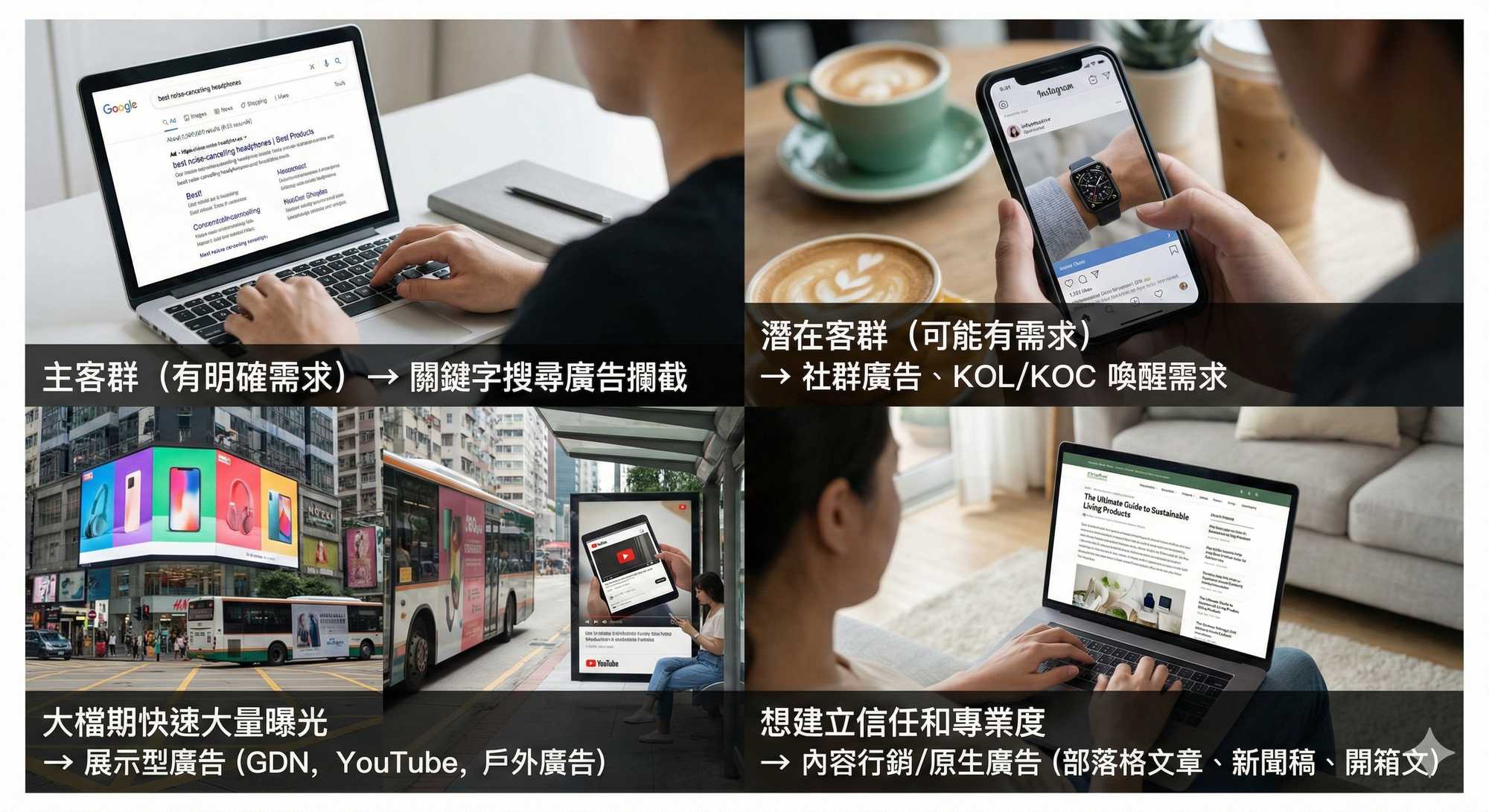 針對不同目標使用不同種類型的廣告，才能達成最佳效益