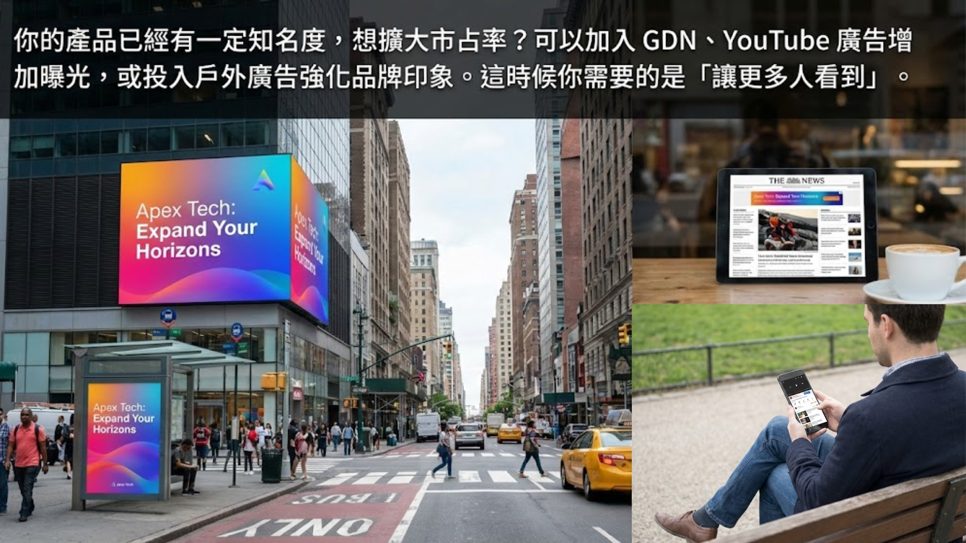 你的產品已經有一定知名度，想擴大市占率？ 可以加入 GDN、YouTube 廣告增加曝光，或投入戶外廣告強化品牌印象。這時候你需要的是「讓更多人看到」。